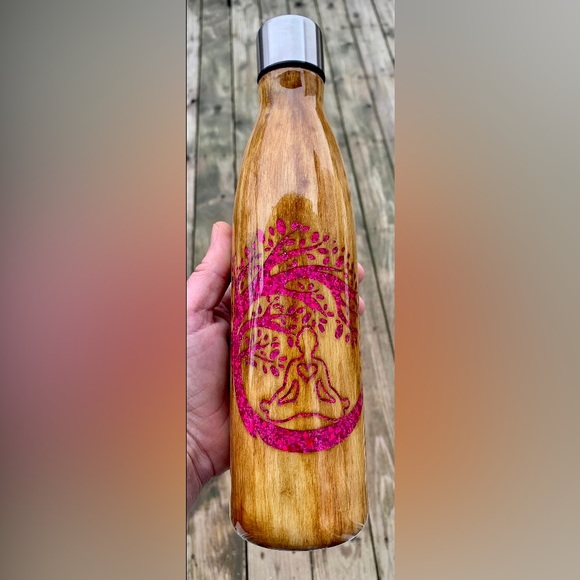Gratitude, 17oz epoxy water bottle, pink glitter inlays, hand painted wood grain - Picture 11 of 11